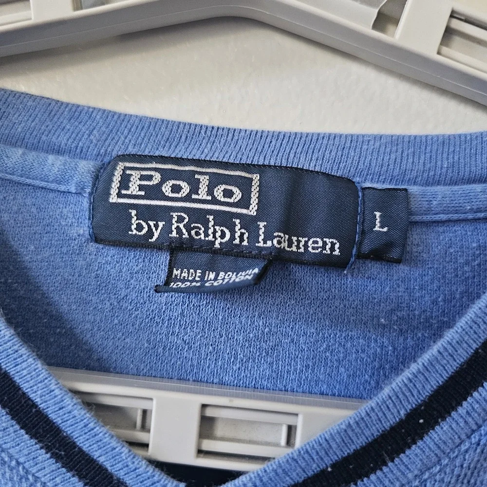Polo Ralph Lauren V-Neck Sweater Men's Size Large Short Sleeve Shirt Blue Ringer